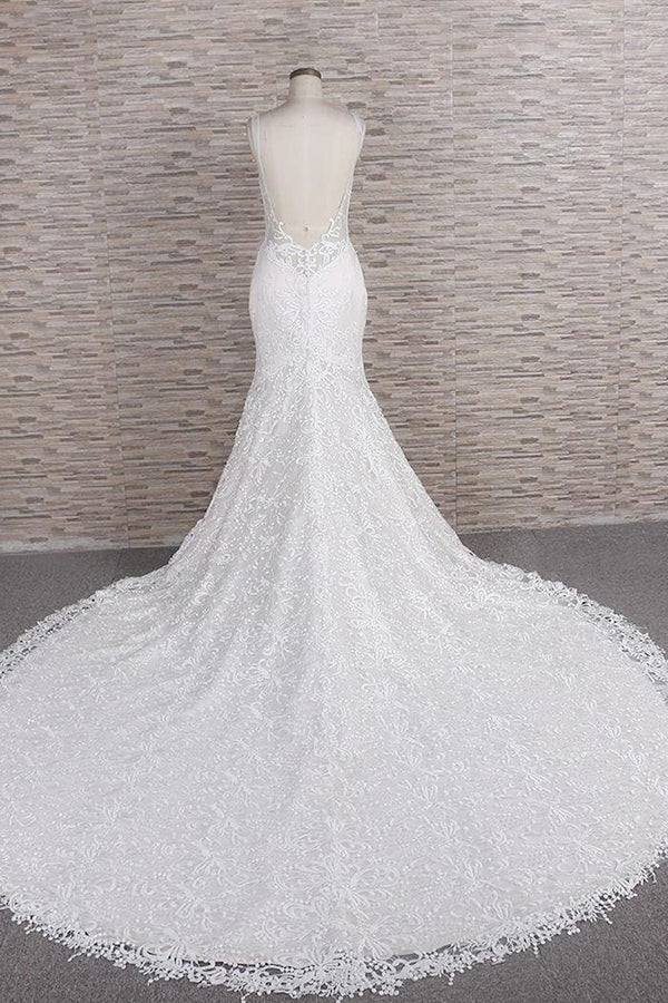 Chic Long Spaghetti Strap Appliques Lace Mermaid Wedding Dress