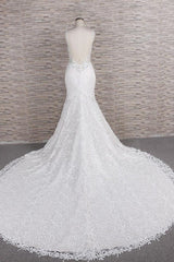 Chic Long Spaghetti Strap Appliques Lace Mermaid Wedding Dress