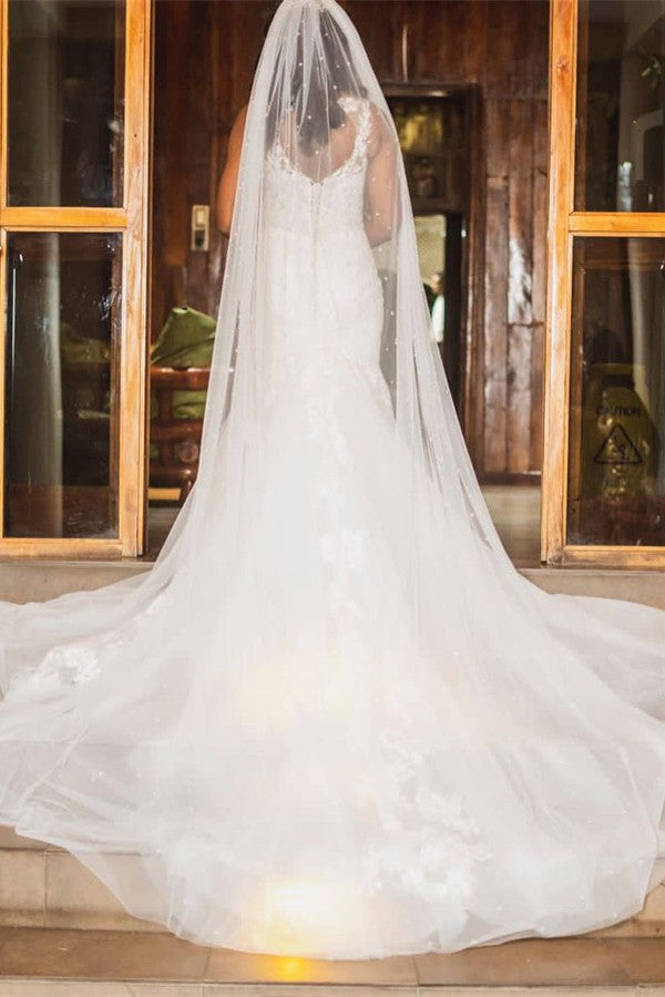 Elegant Long Sweetheart Straps Chapel Train Mermaid Tulle Wedding Dress
