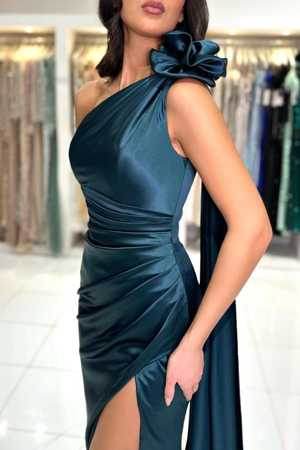 Elegant Long One Shoulder Mermaid Satin Front Slit Prom Dresses