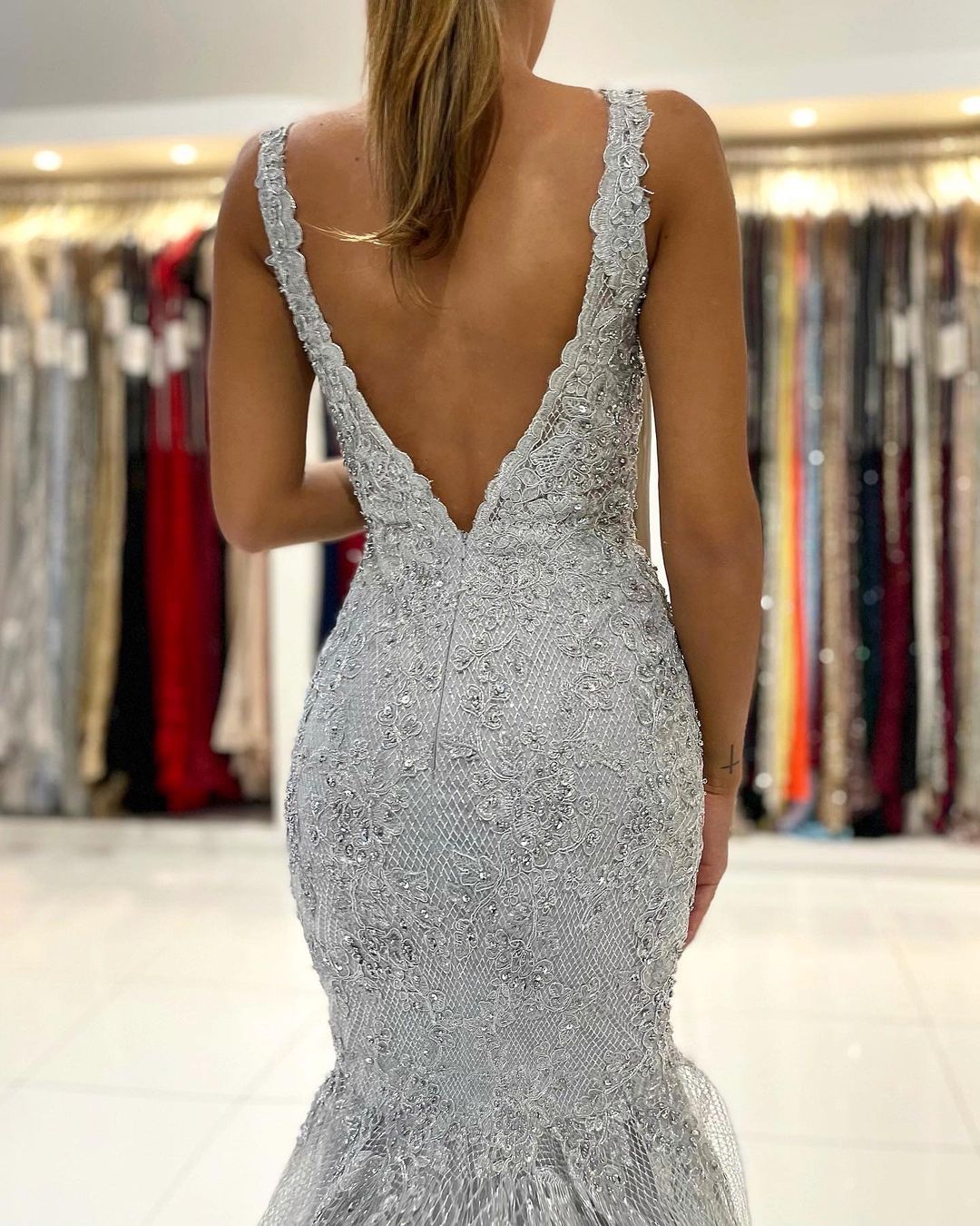 Long Mermaid V-neck Tulle Ruffles Lace Open Back Prom Dress