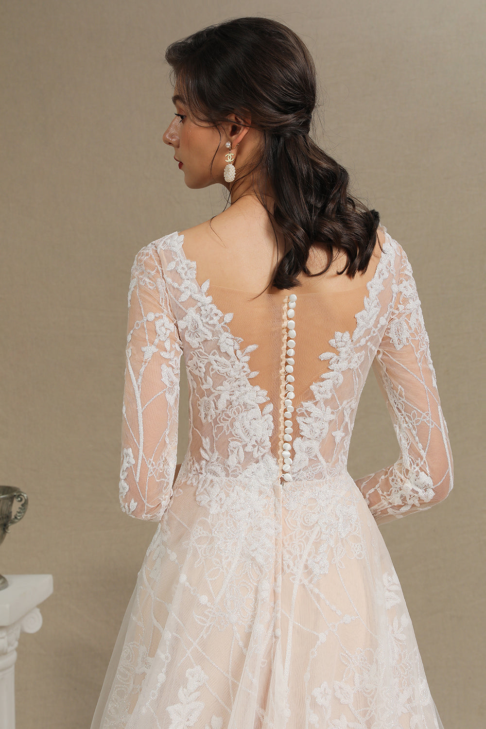 Long A-line V-neck Tulle Lace Wedding Dress with Sleeves