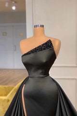 Black Long Mermaid One Shoulder Satin Formal Prom Dresses with Slit
