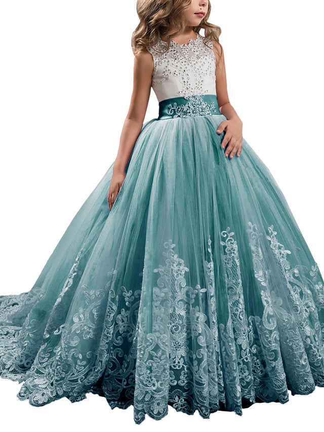 Long Ball Gown Tulle Lace Jewel Neck Pageant Flower Girl Dresses With Bow(S)