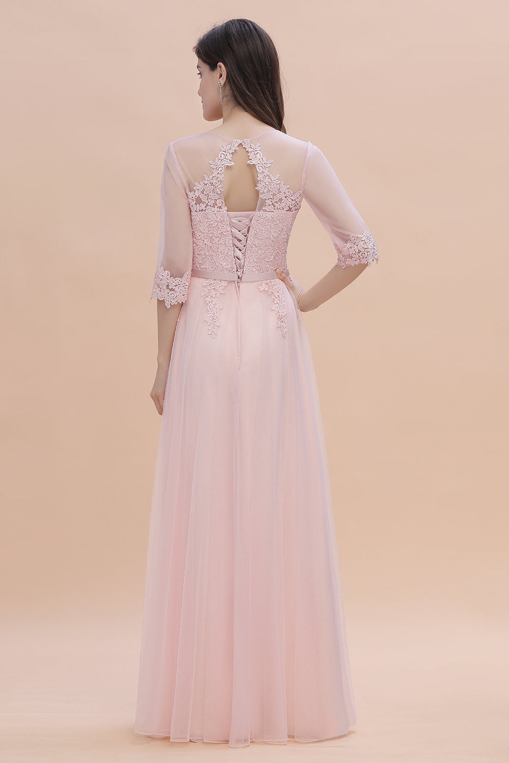 Long Sleeves A-Line V-neck Lace Appliques Wedding Guest Dress