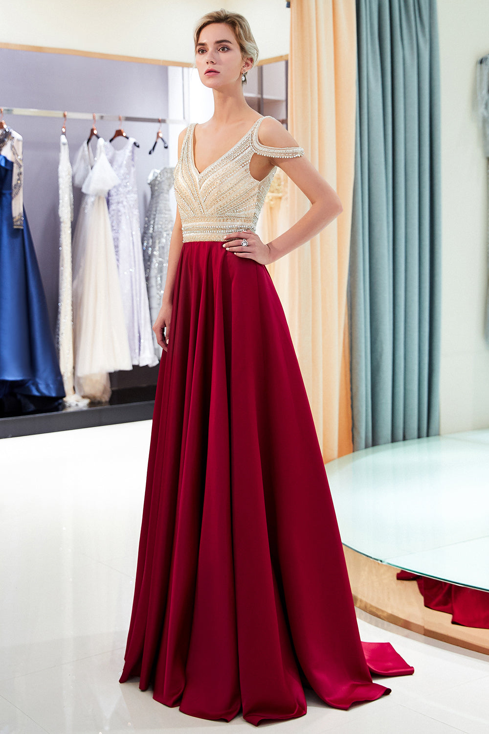 Long V-neck Satin A-line Beaded Formal Evening Dress