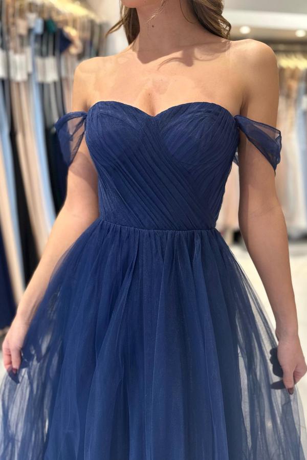 Elegant Long A-line Off the Shoulder Tulle Formal Prom Dresses