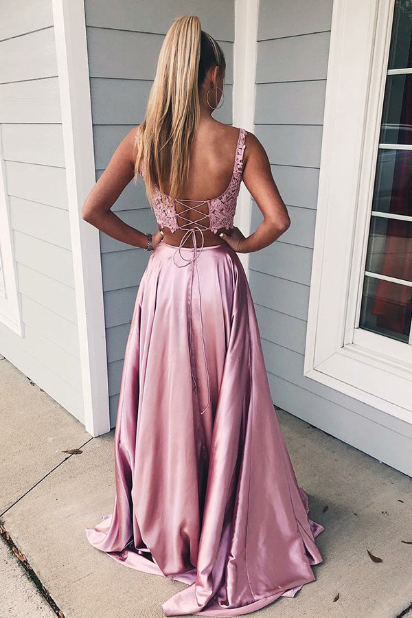 Two Piece Long Square Neckline Lace A-Line Split Prom Dress With Pockets