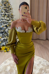 Long Sleeve Satin Mermaid Off The Shoulder Prom Dress with Slit