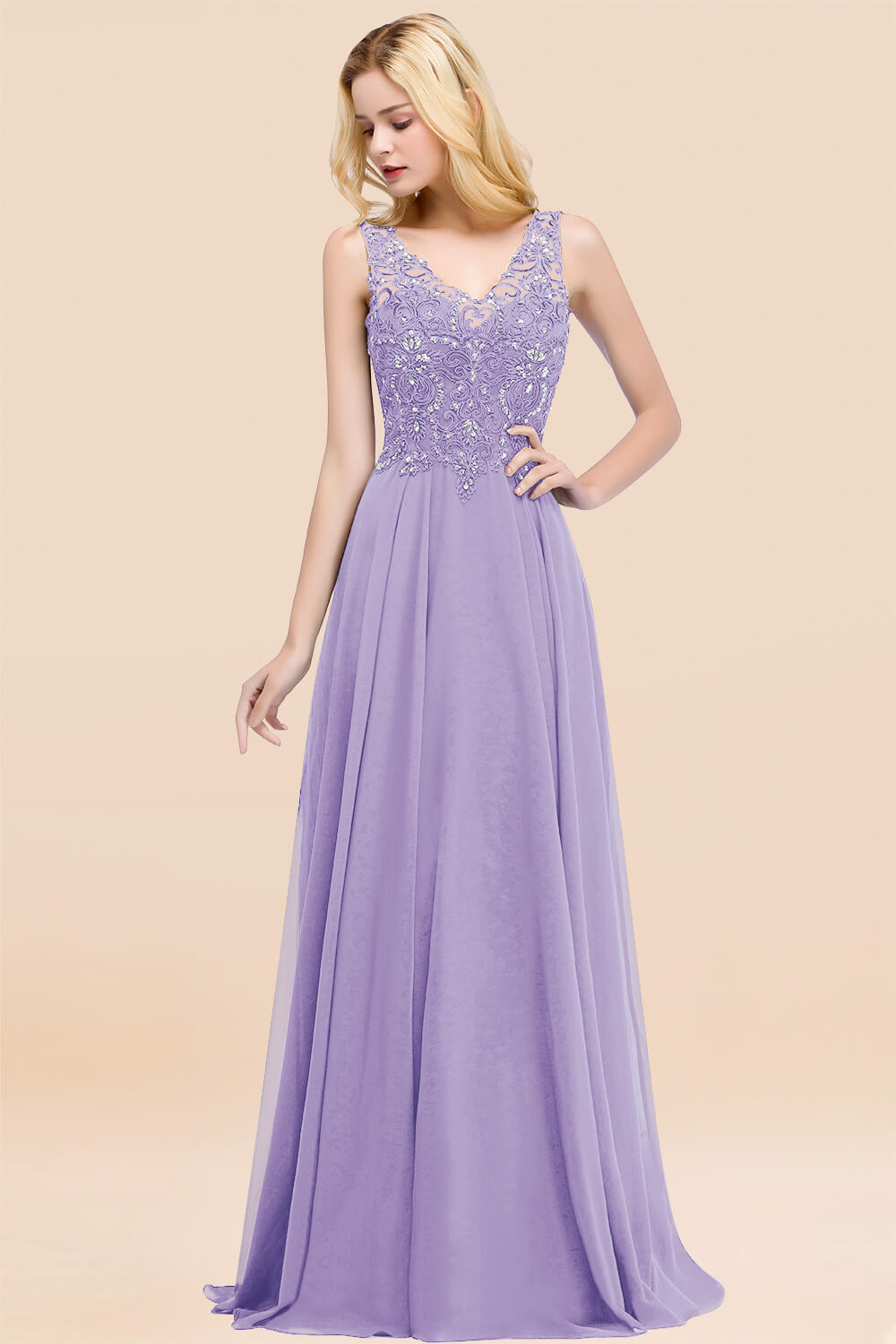 A-line Chiffon Appliques V-neck Sleeveless Floor Length Bridesmaid Dresses with Crystals