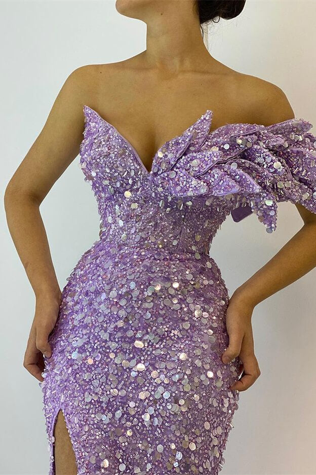 Lilac Long Mermaid Sequin One Shoulder Prom Dresses with Slit