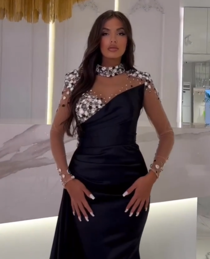 Long Sleeve Floor Length Mermaid Satin Black Prom Dress with Beads