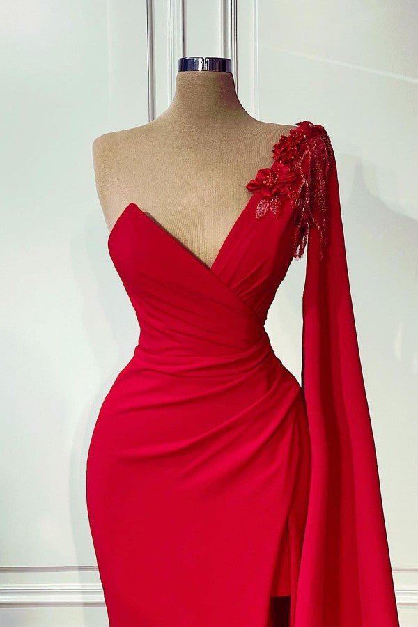 Red Long Mermaid One Shoulder Formal Prom Dresses with Slit