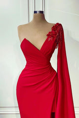 Red Long Mermaid One Shoulder Formal Prom Dresses with Slit