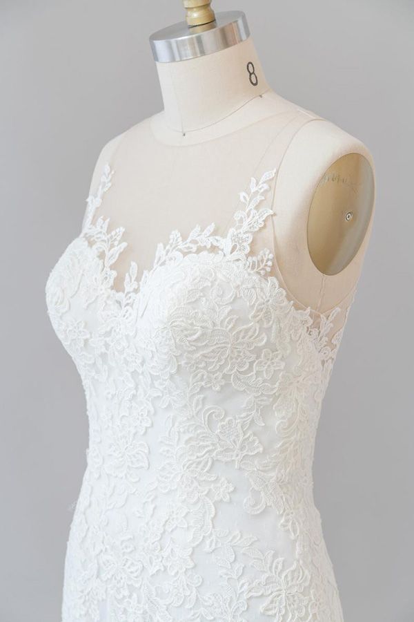 Long Tulle Lace Illusion Appliques Mermaid Wedding Dress