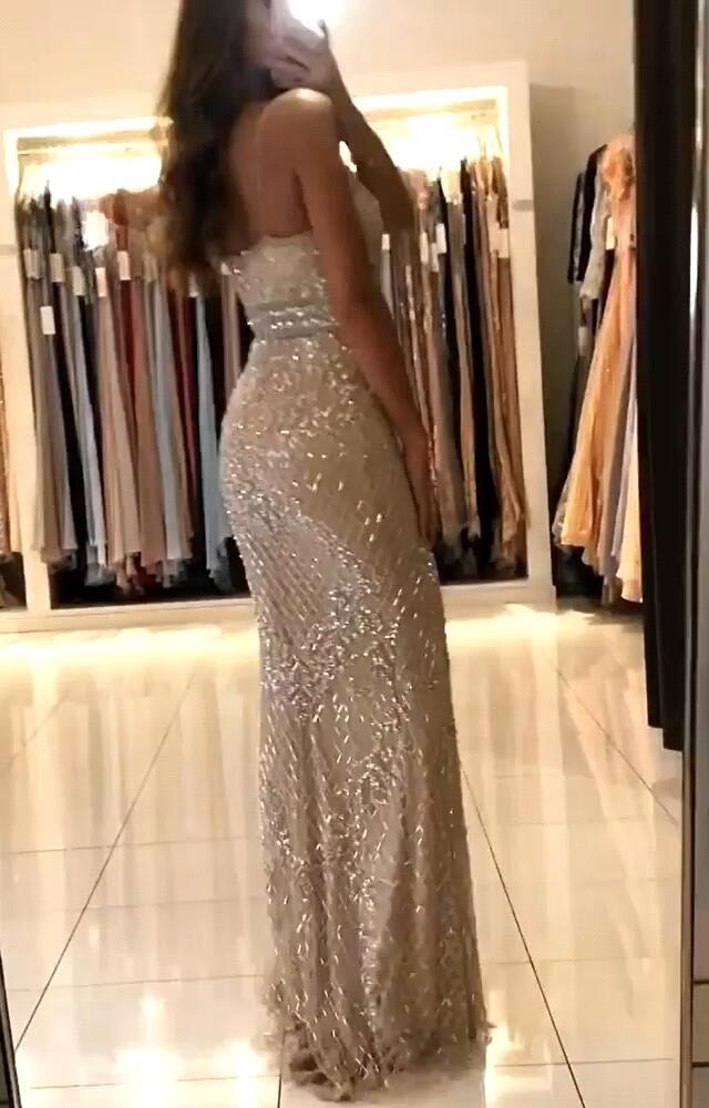 Long Spaghetti Straps V-neck Mermaid Sequins Floor Length Prom Dress