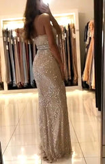 Long Spaghetti Straps V-neck Mermaid Sequins Floor Length Prom Dress