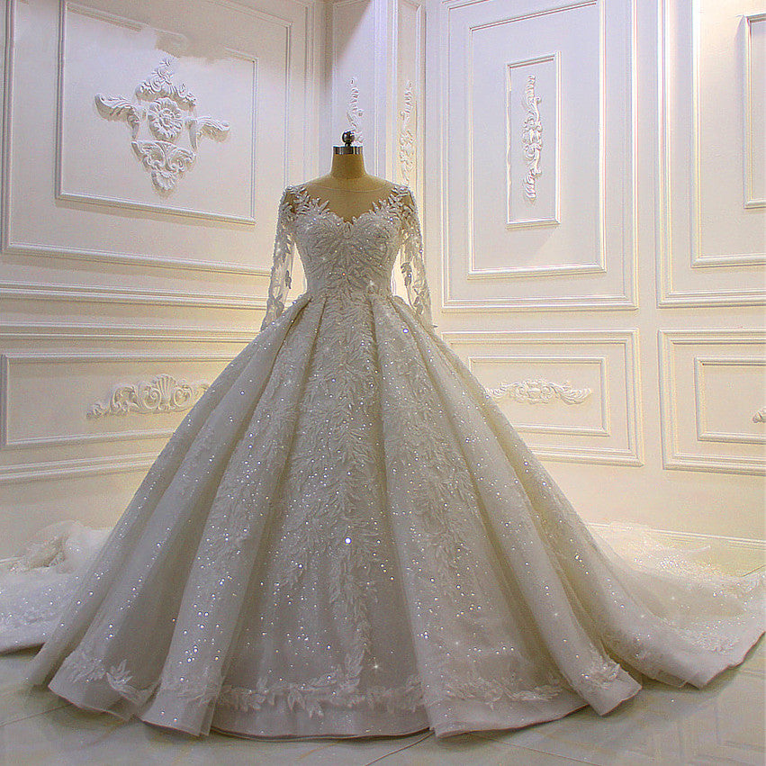 Luxury Long Ball Gown Lace Appliques Beading Church Train Wedding Dress with Sleeves