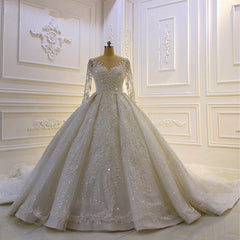 Luxury Long Ball Gown Lace Appliques Beading Church Train Wedding Dress with Sleeves