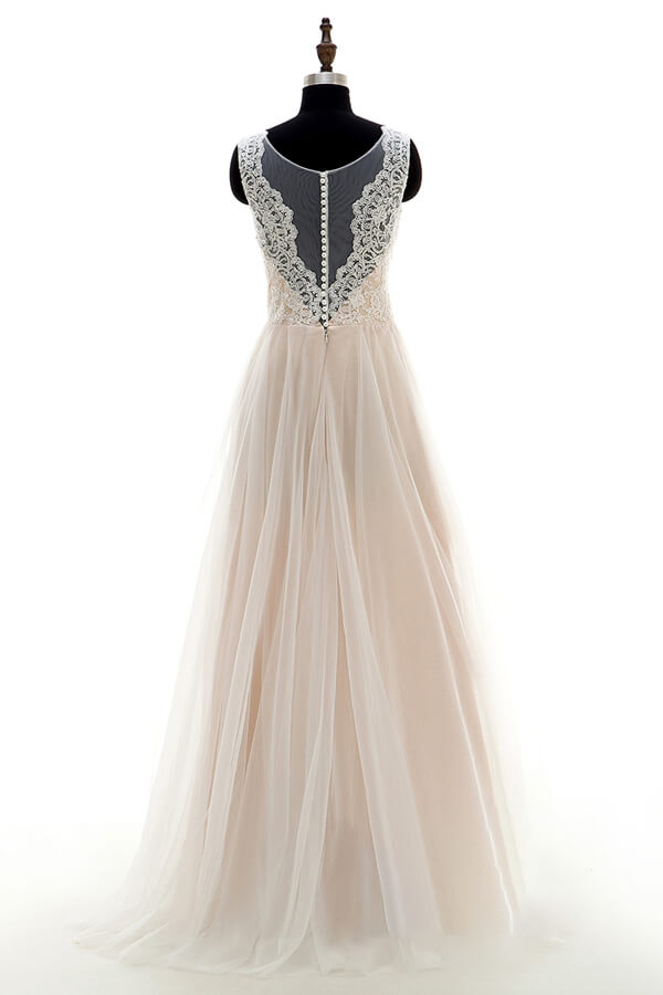 Long A-line Lace Tulle Floor Length Wedding Dress