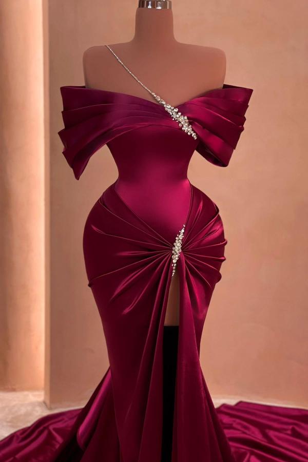 Long Mermaid Off the Shoulder Satin Beads Formal Prom Dress with slit