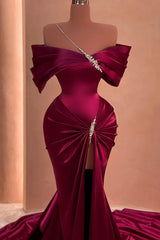 Long Mermaid Off the Shoulder Satin Beads Formal Prom Dress with slit