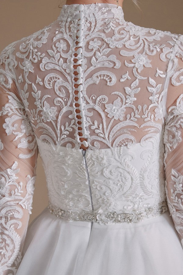 Modest A-line High Neck Long Sleeves Tulle Lace Wedding Dresses