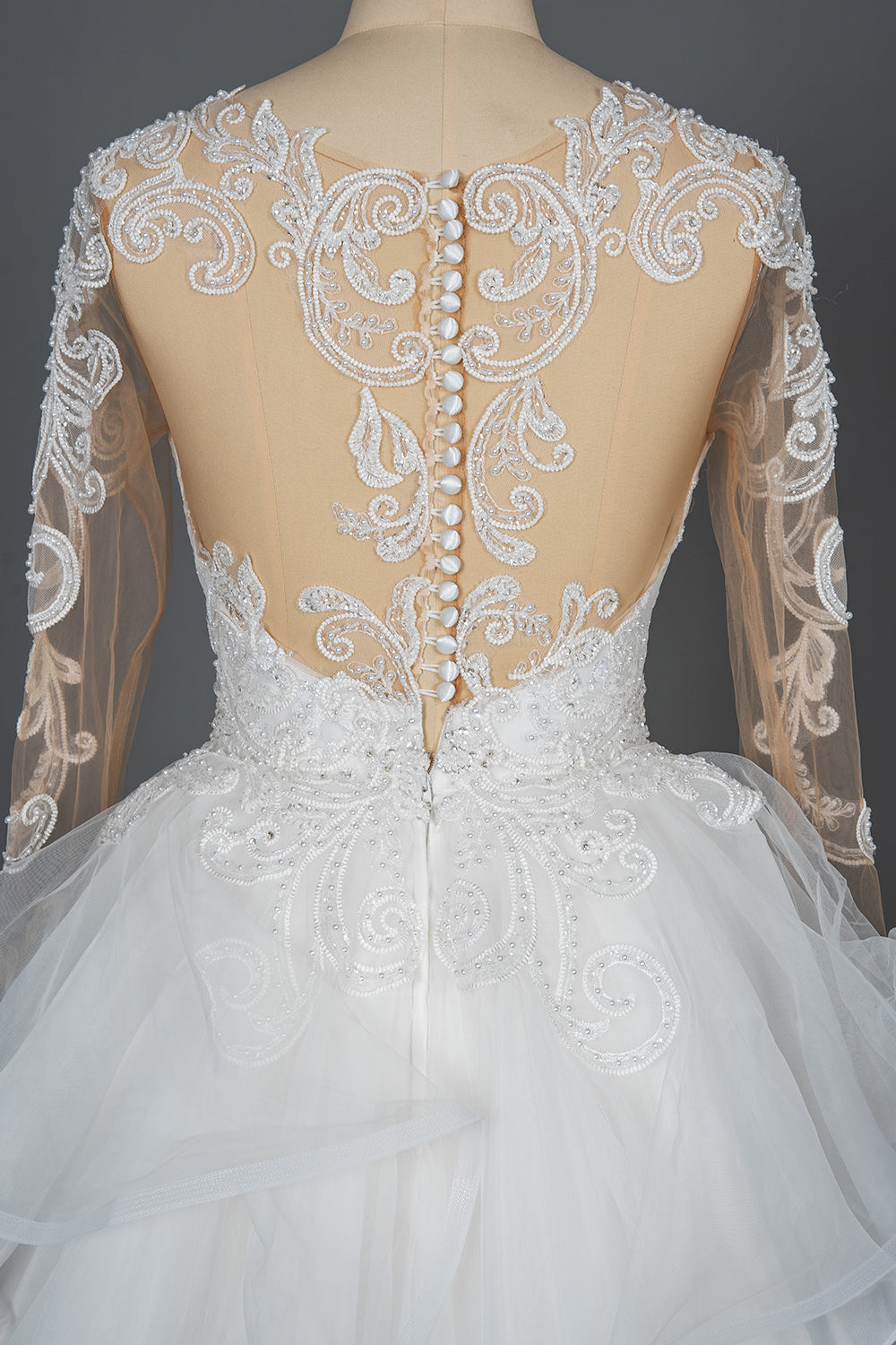 Long Tulle Lace Appliques Ruffles Ball Gown Wedding Dresses with Long Sleeve