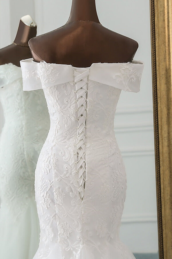 Long Off Shoulder Appliques Lace Tulle Mermaid Wedding Dress
