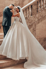 Elegant White Ball Gown Sweetheart Spaghetti Straps Satin Long Wedding Dresses