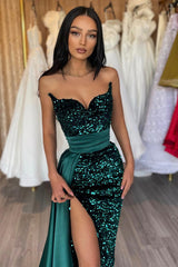 Dark Green Long Sweetheart Mermaid Sequined Prom Dress with Split