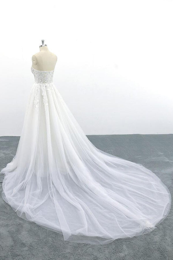 Long Appliques Lace Strapless Tulle A-line Wedding Dress