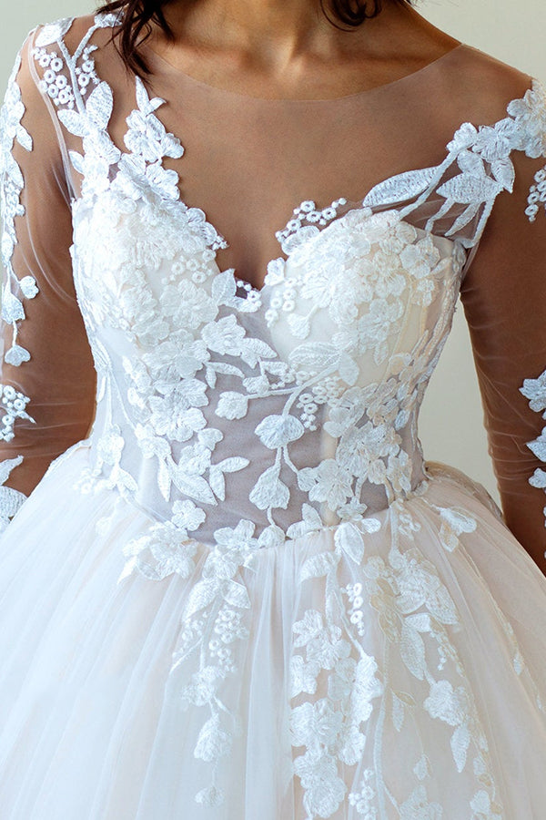 Long Lace-up Appliques Tulle Ball Gown Wedding Dress with Sleeves