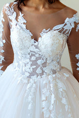 Long Lace-up Appliques Tulle Ball Gown Wedding Dress with Sleeves