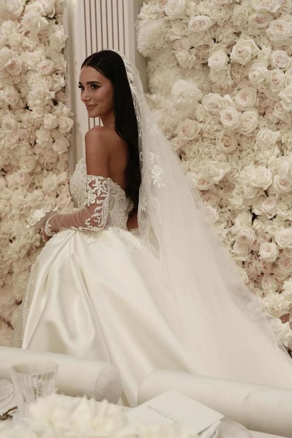 Gorgeous Long Off the Shoulder Lace Satin Wedding Dresses with Sleeves