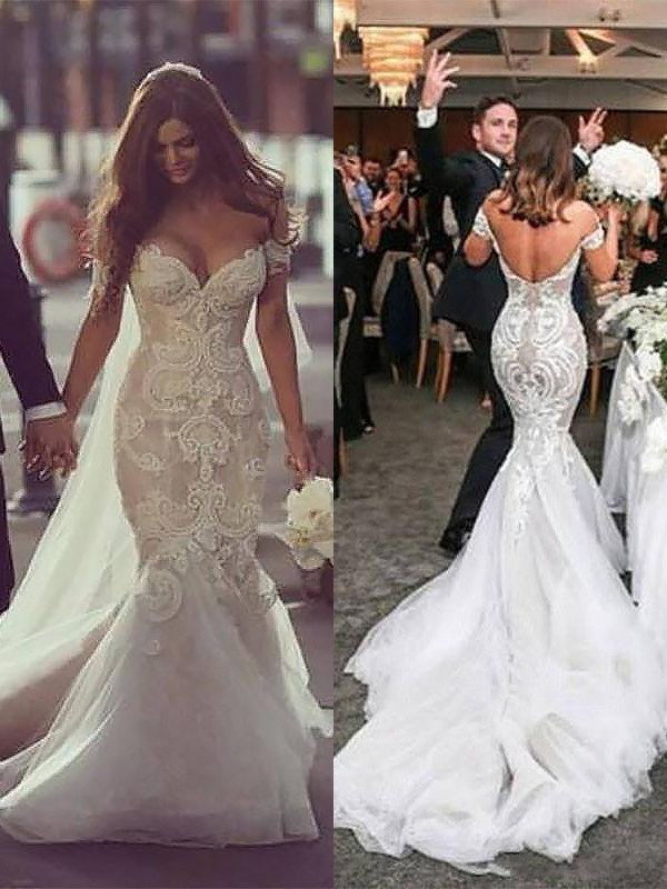 Long Mermaid Chapel Train Off the Shoulder Tulle Lace Wedding Dresses