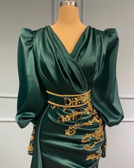 Modest Mermaid Long Sleeves Satin V-neck Formal Evening Dress with Beading