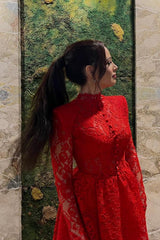 Short A-line High Neck Lace Red Homecoming Dresses with Sleeves