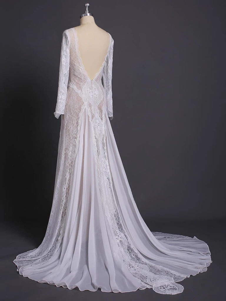 Elegant Long Sleeve Mermaid Lace Open Back Wedding Dress