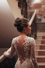 Unique Long Sleeve High Neck Appliques Lace Backless Mermaid Wedding Dress