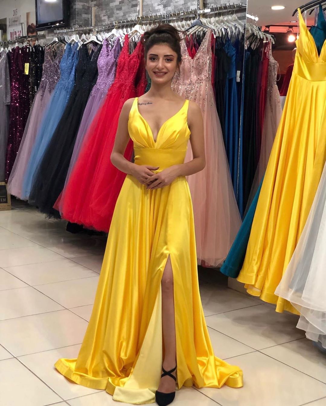 Long V-neck Spaghetti Straps Backless Ruffles A-line Split Floor Length Prom Dress