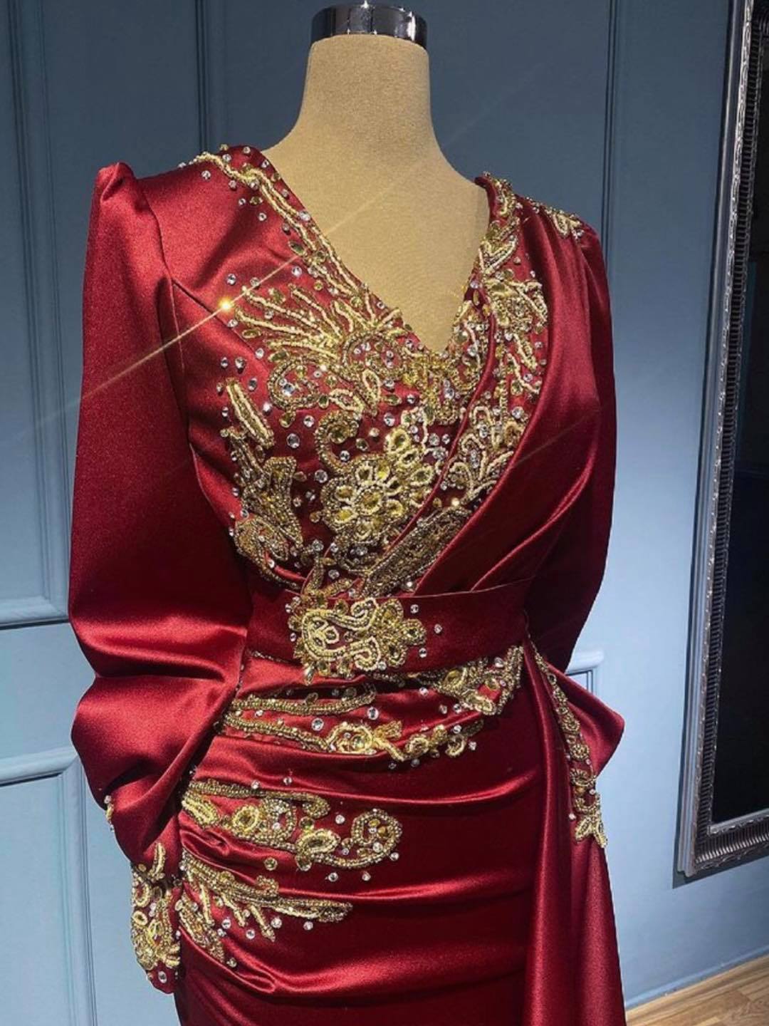 Long Mermaid V-neck Satin Beads Floor length Formal Evening Dress with Sleeves