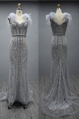 Beautiful Long Mermaid Sweetheart Tulle Beading Evening Dresses