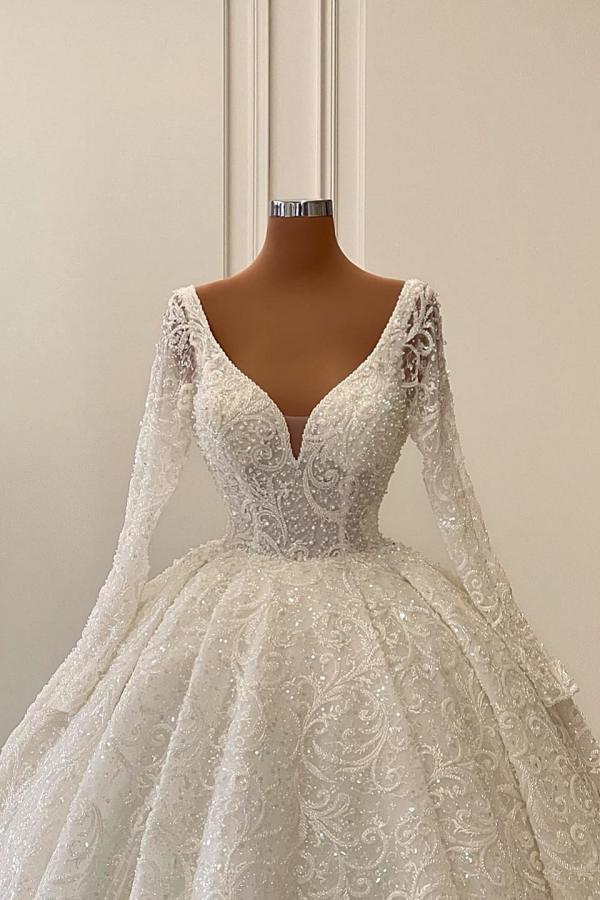 Charming V-neck Long Sleeves Ball Gown Floor Length Chapel Lace Wedding Dress