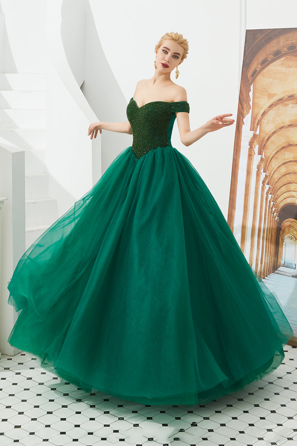 Long A-line Off the Shoulder Tulle Sequin Formal Dresses