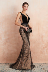 Long V-neck Lace Mermaid Formal Evening Dresses