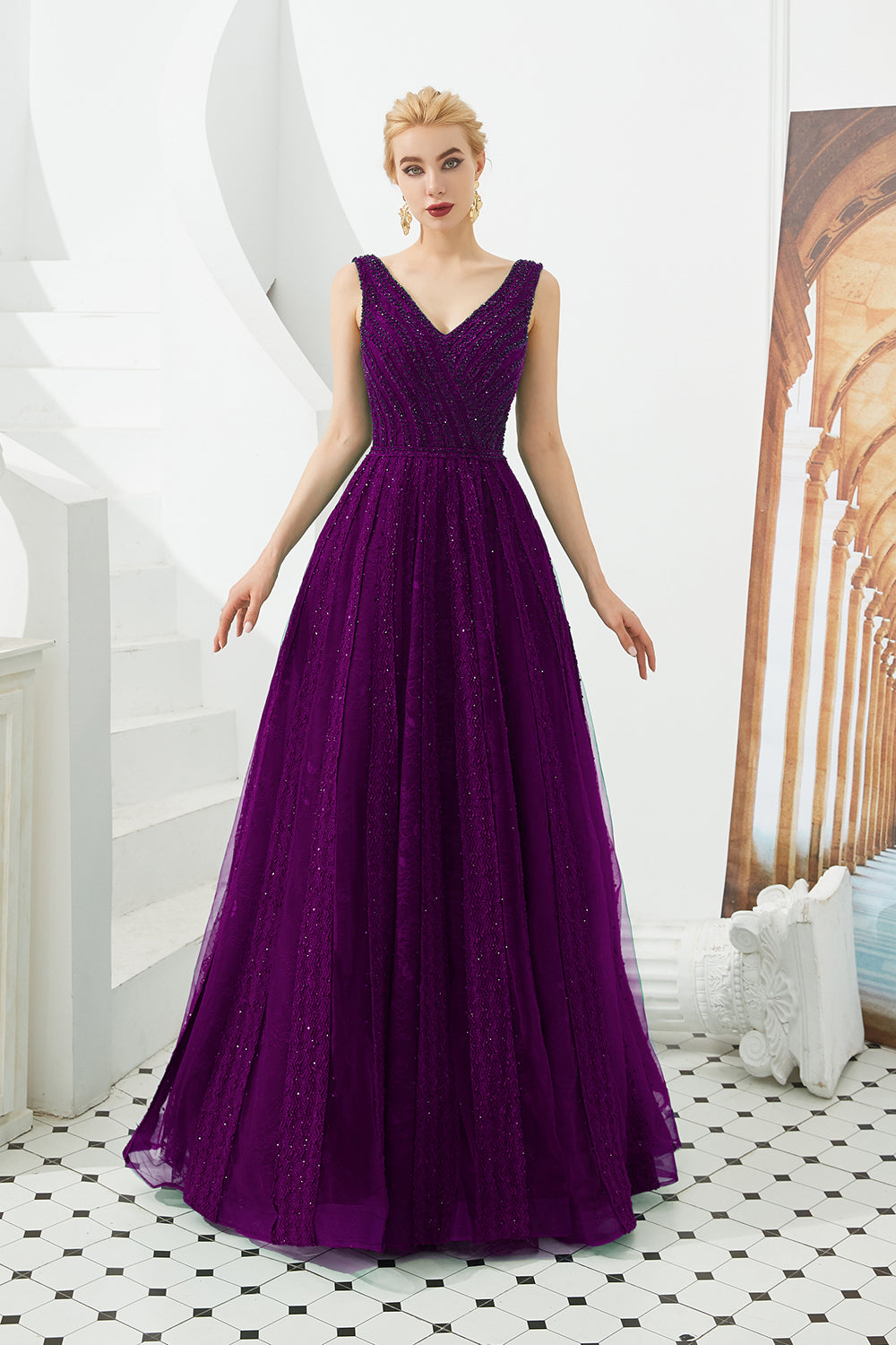 Long V-neck Tulle A-line Sequin Burgundy Formal Dresses