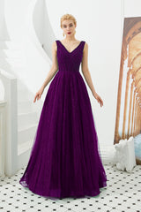 Long V-neck Tulle A-line Sequin Burgundy Formal Dresses