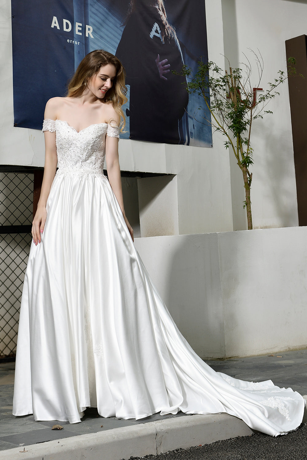 Elegant Long A-line Off the Shoulder Lace Satin Wedding Dresses