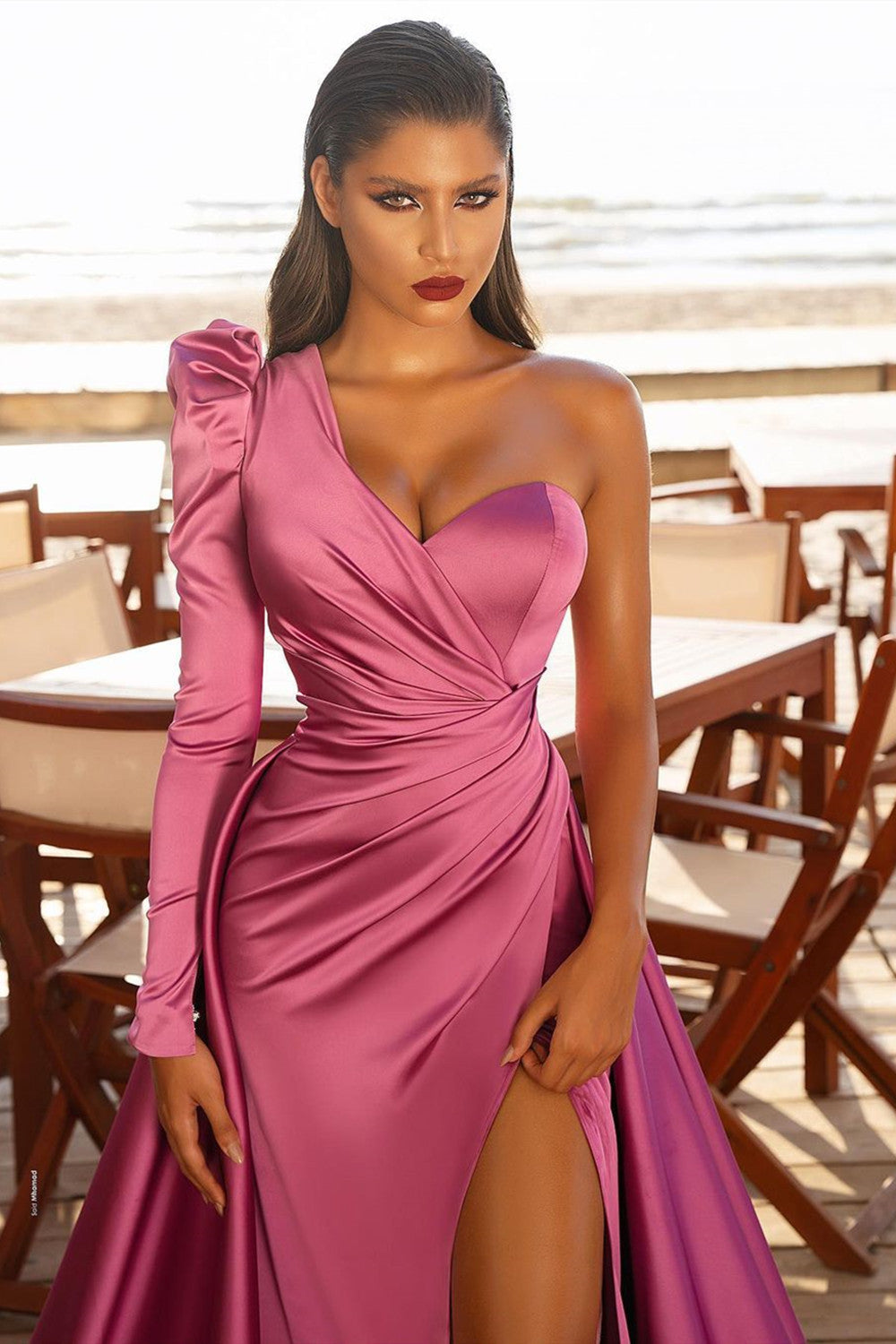 Long One Shoulder Mermaid Satin Front Slit Formal Evening Dress with Sleeves